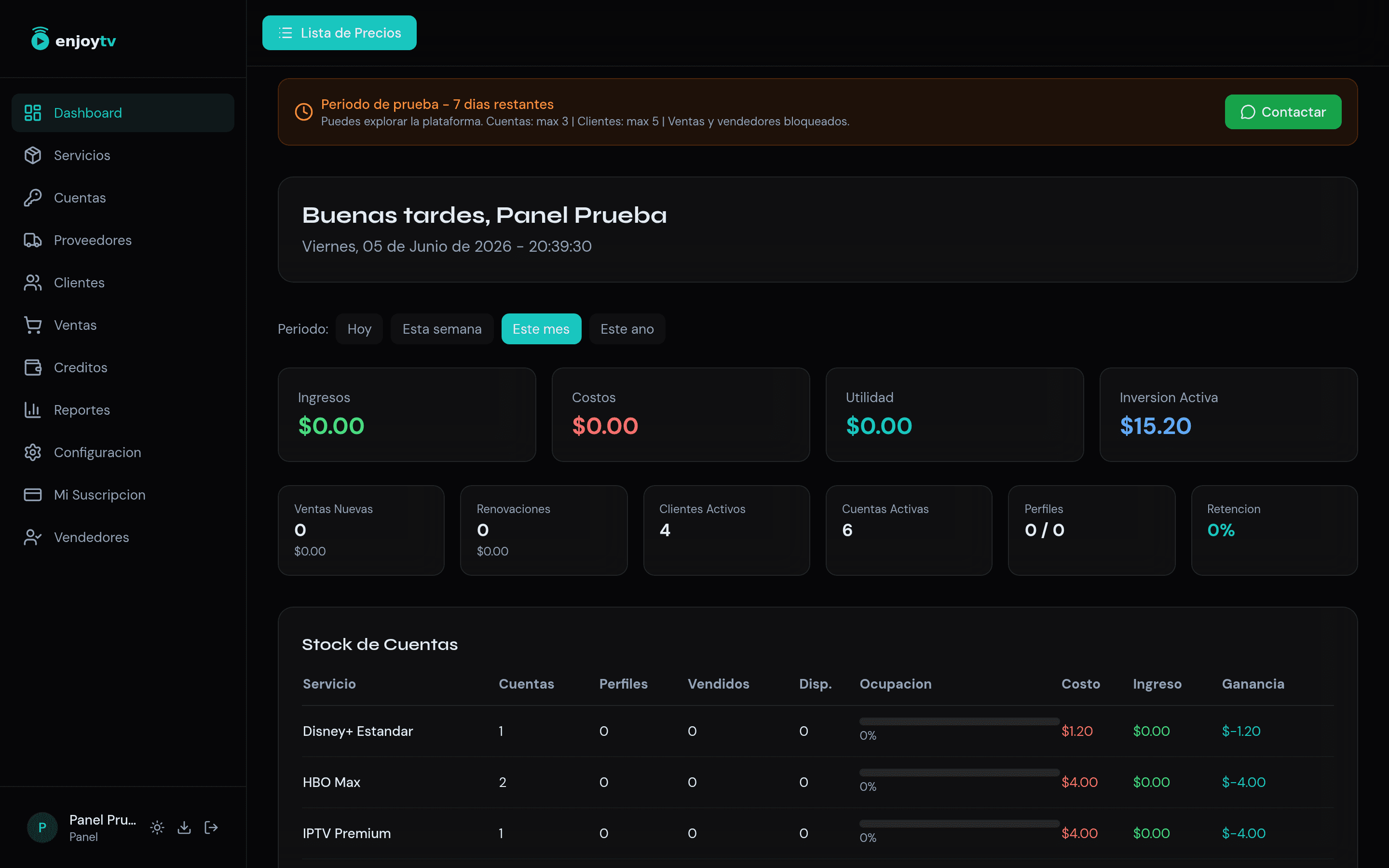 Dashboard EnjoyTV con métricas en tiempo real