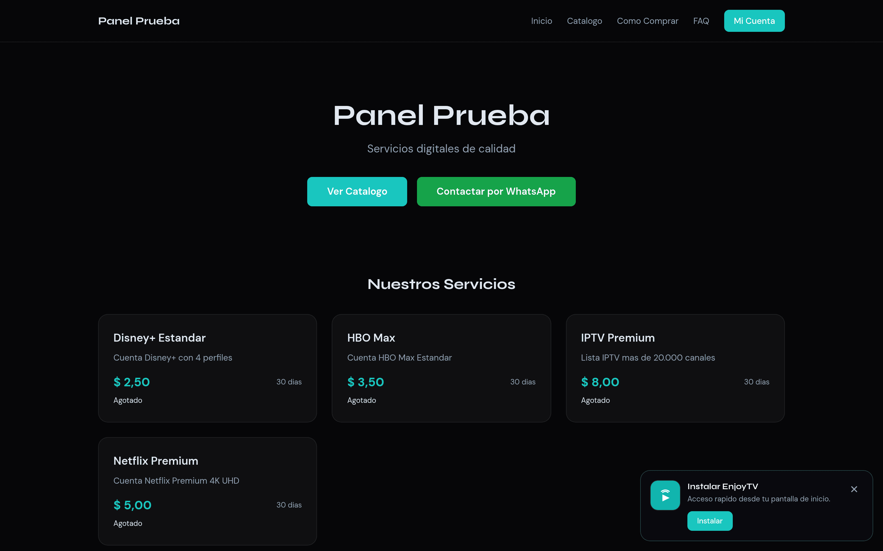 Tienda pública EnjoyTV con catálogo de servicios